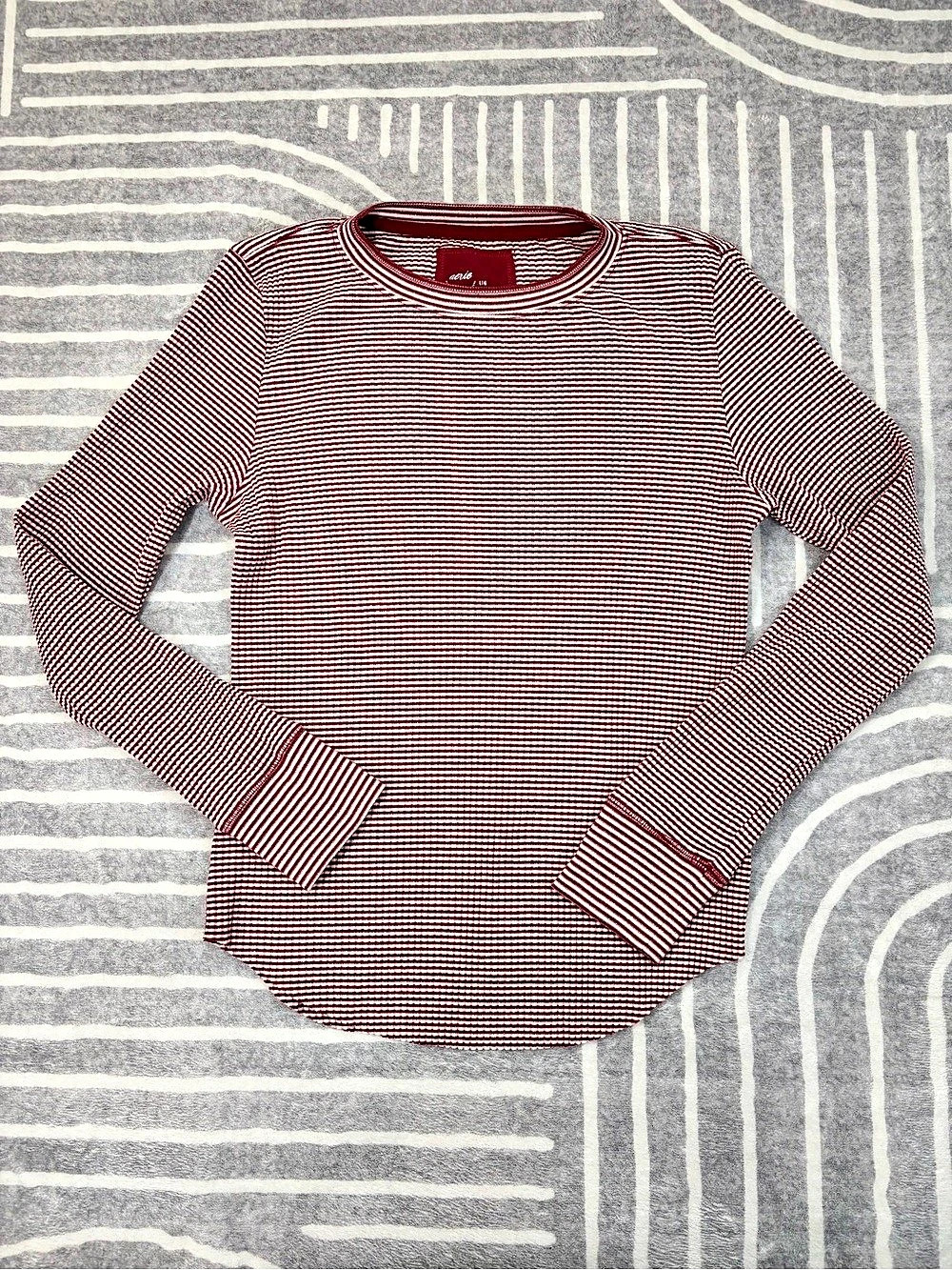 Aerie Striped Top, Long Sleeve Thermal Red White Gold Metallic, Large, Soft